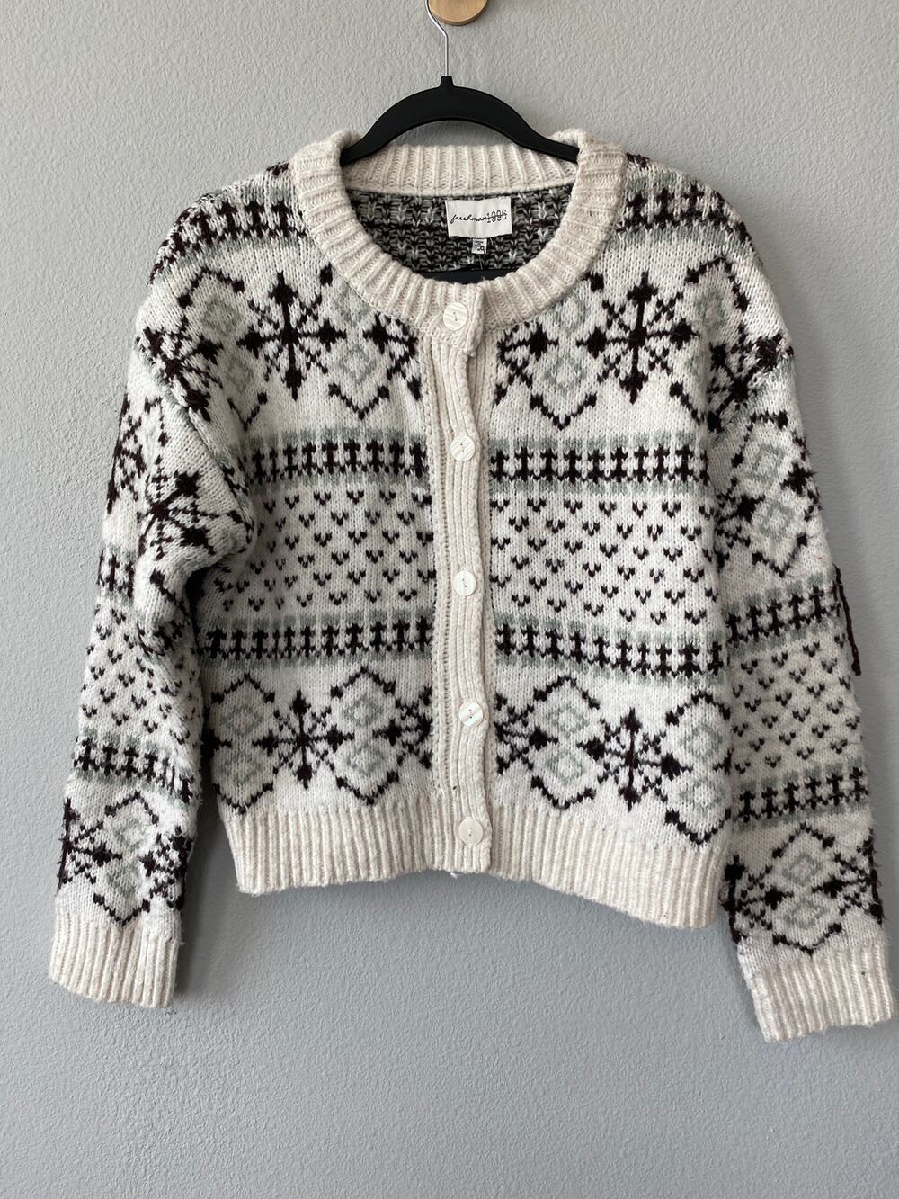 Fair Isle Nordic Knit Cardigan NWT M Cream Sage Brown Cozy Freshman 1996 Cottage